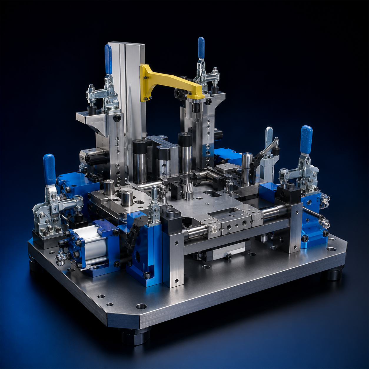Dispositivo industrial de montagem com grampos e guias de precisão