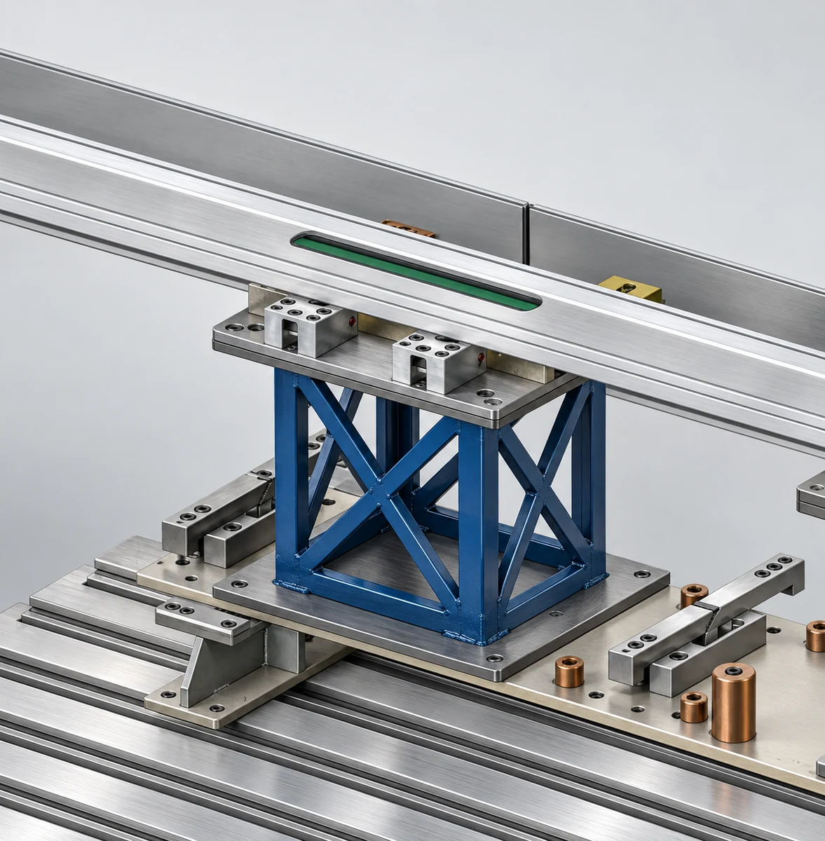 Detalhe da plataforma estruturada e dos grampos que sustentam o perfil de alumínio sobre a mesa da CNC