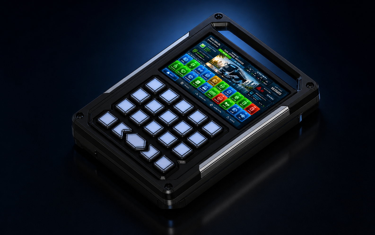 Render de interface homem-máquina industrial com tela e teclas