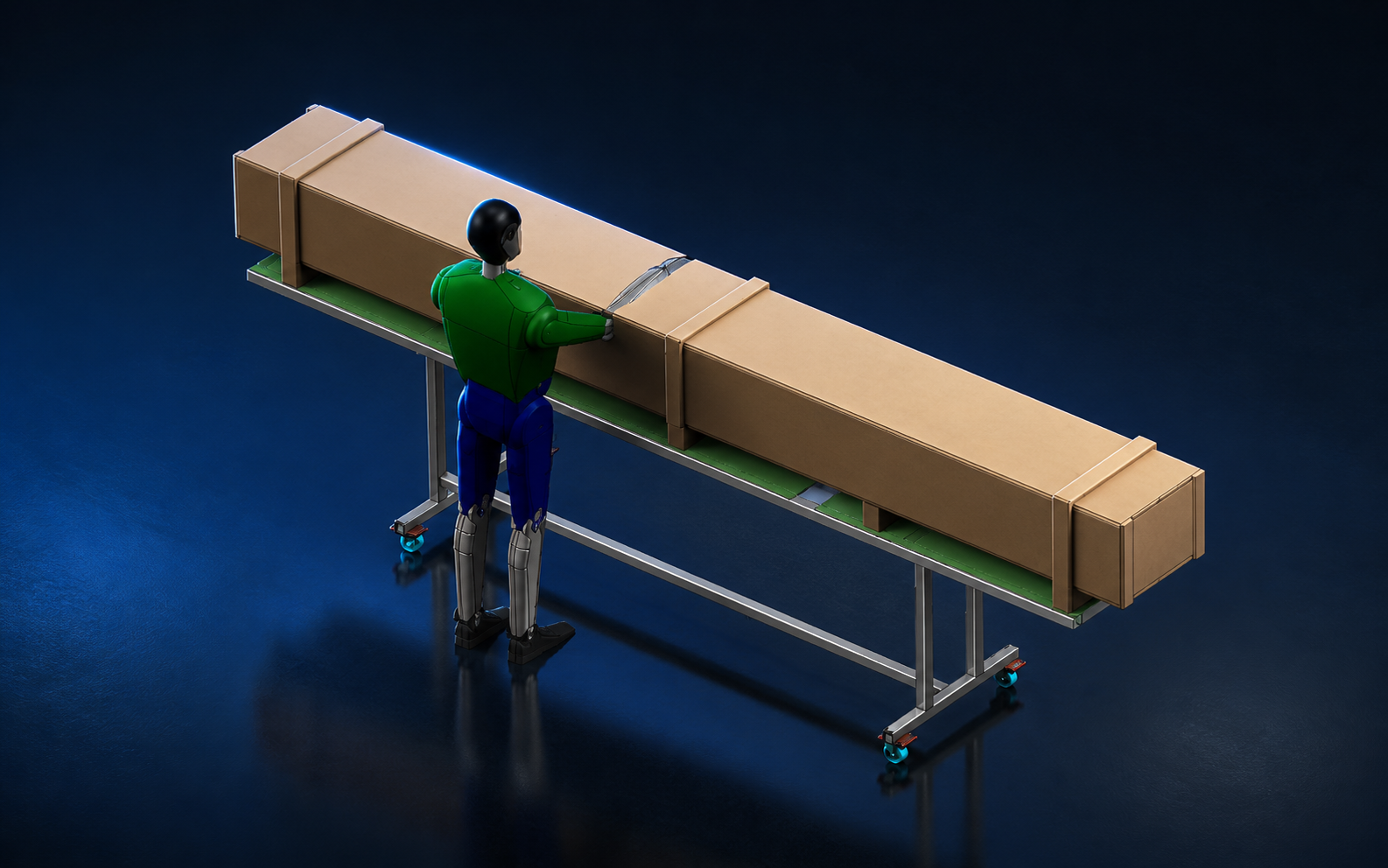 Render de plataforma em linha de montagem com operador de referência